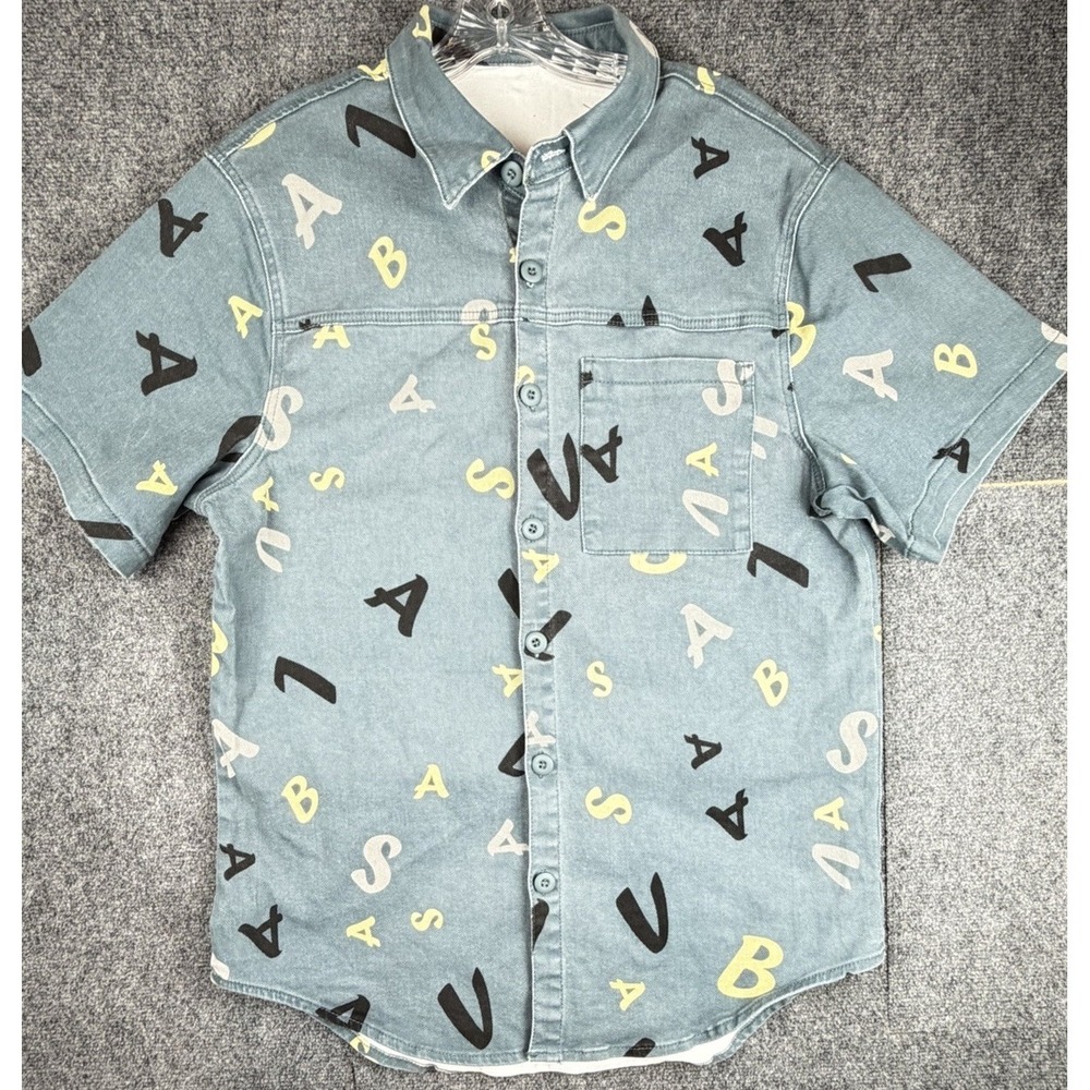 Valabasas "Puzzle" Denim AOP Green Button Shirt Street Wear Thick Men's Size XXL